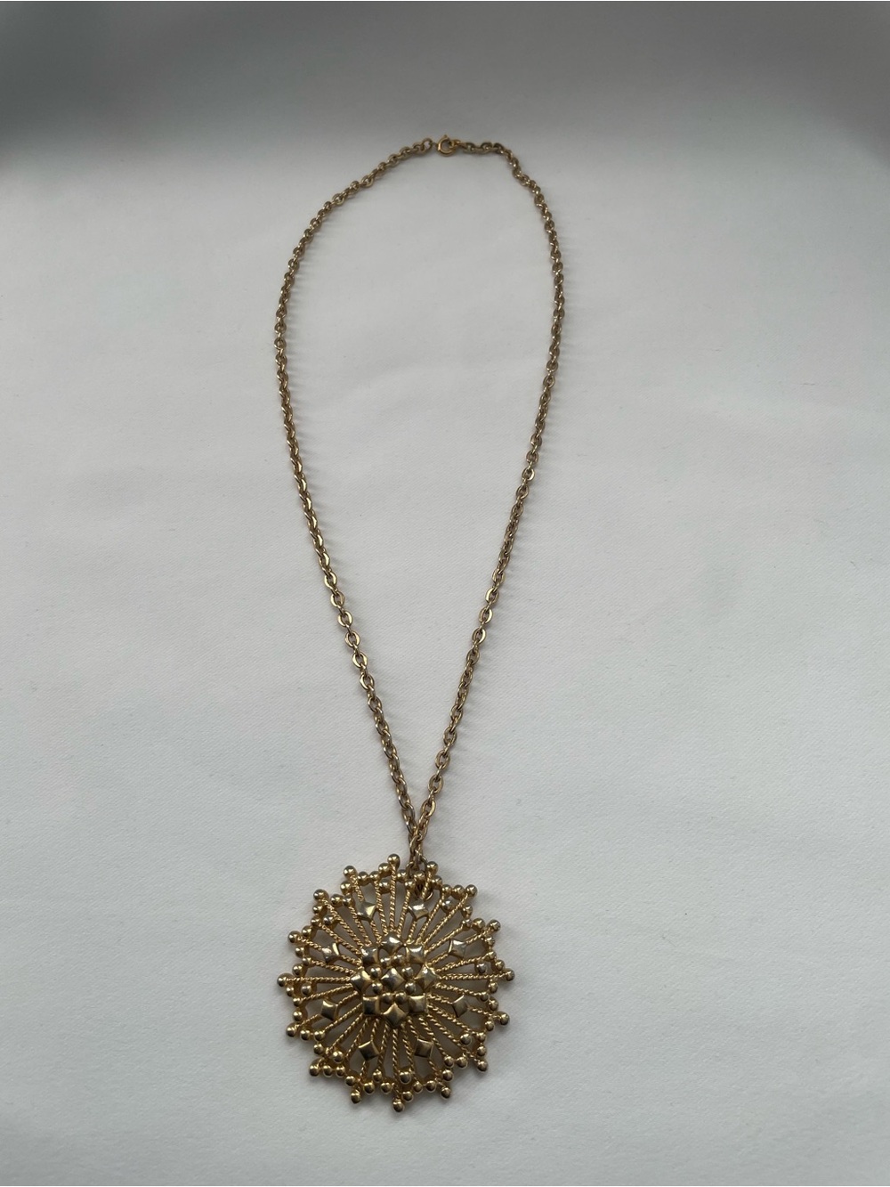 Vintage Signed Monet Gold Tone Sunburst Medallion Statement Pendant Necklace